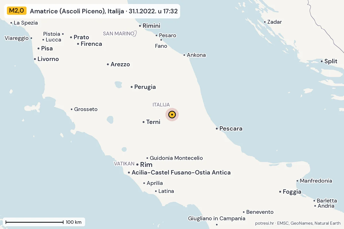 Karta: šire područje, 600 km, potres M2,0, Amatrice (Ascoli Piceno), Italija, 31.1.2022.