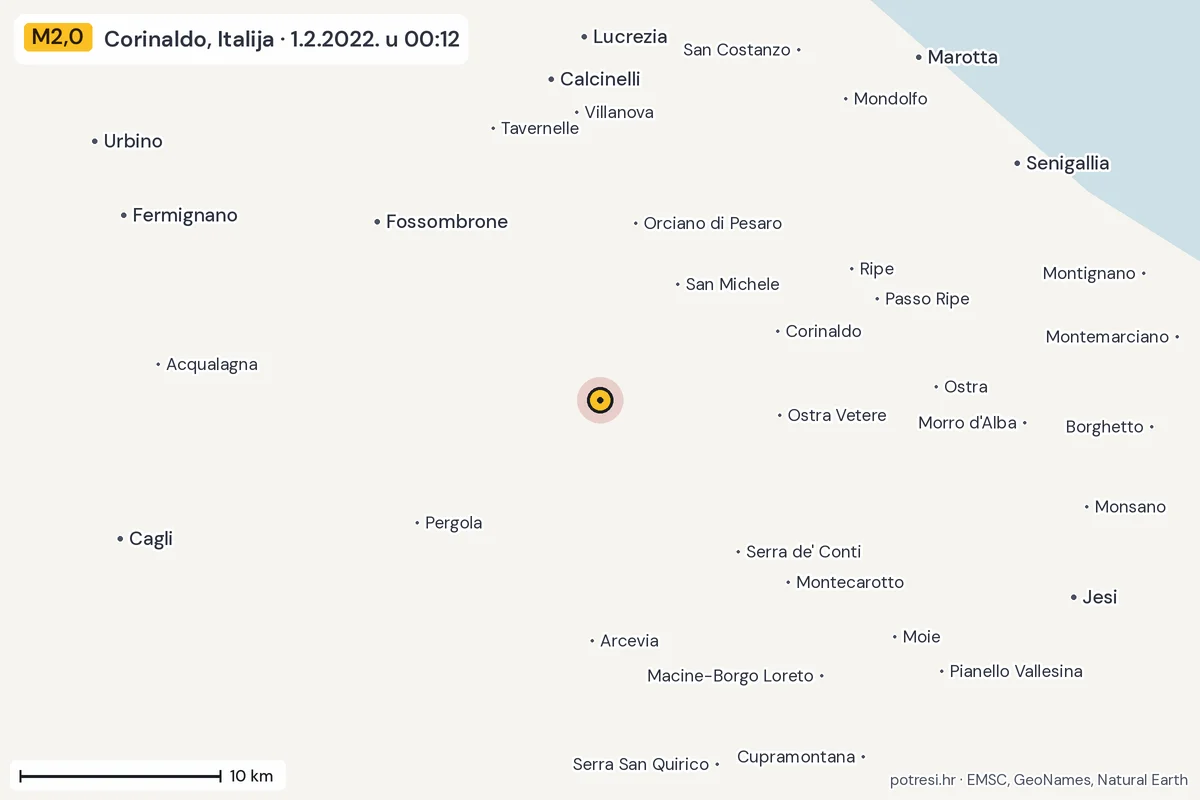 Karta: okolica epicentra, 60 km, potres M2,0, Corinaldo, Italija, 1.2.2022.