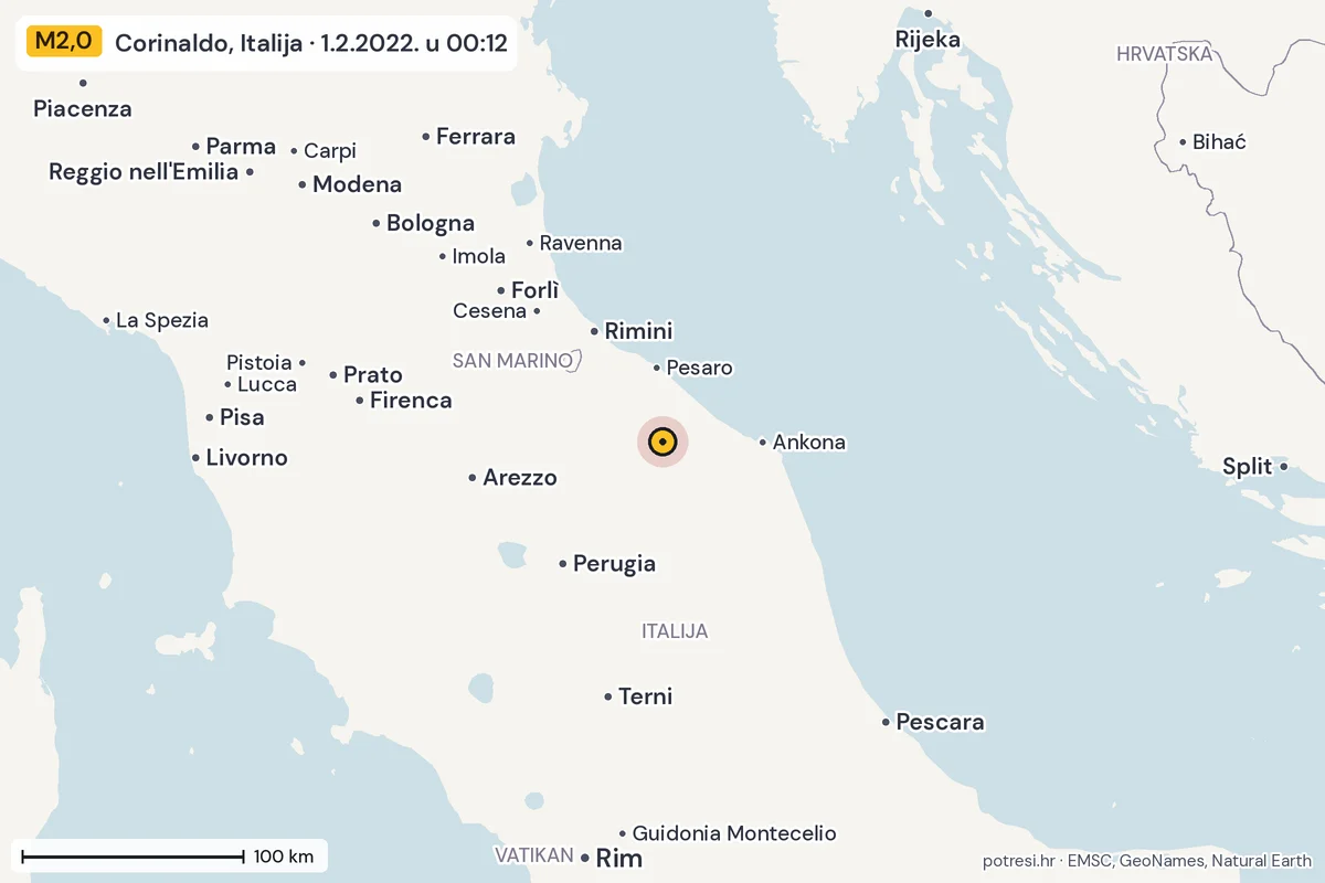 Karta: šire područje, 600 km, potres M2,0, Corinaldo, Italija, 1.2.2022.