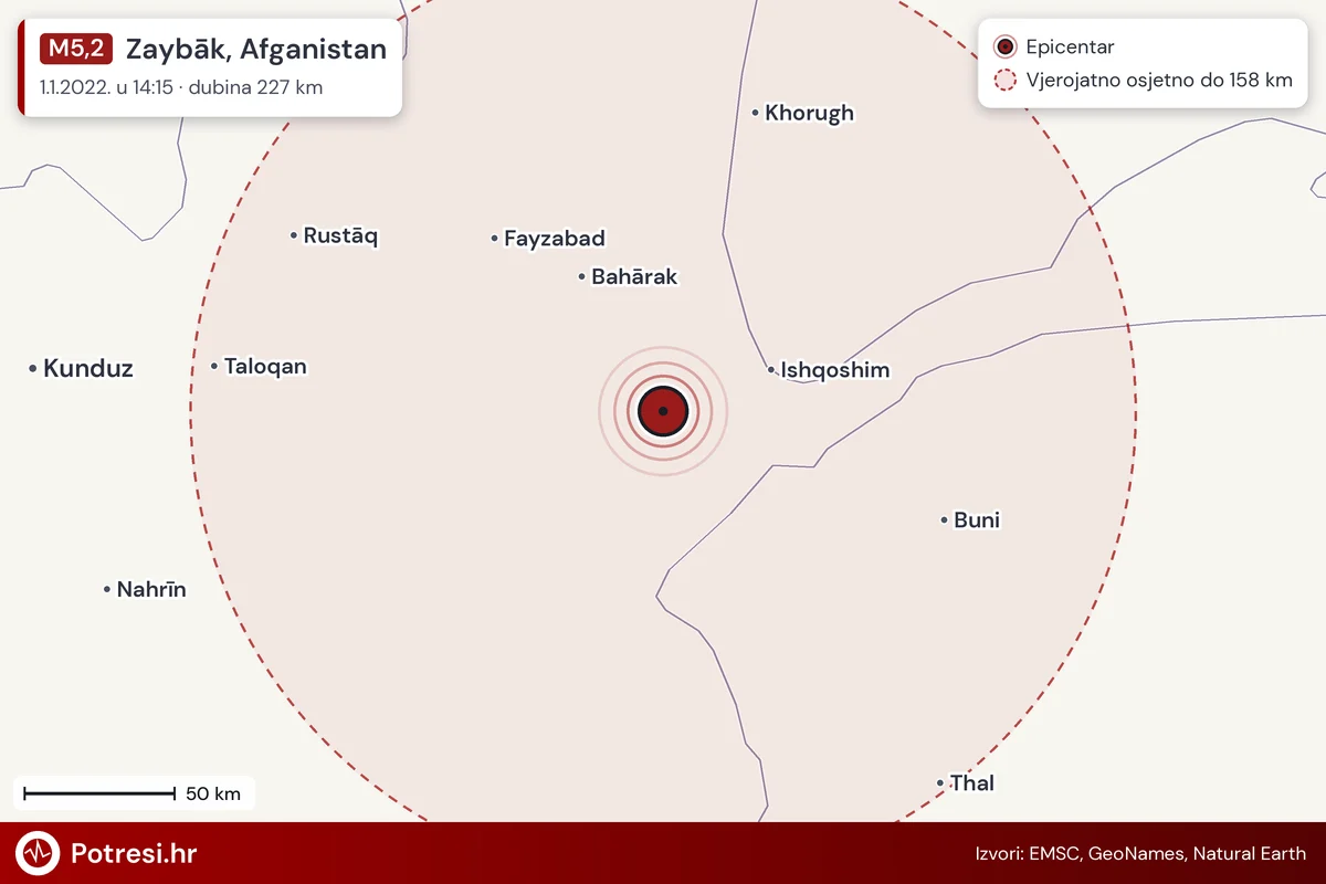Karta: šire područje i vjerojatni doseg osjeta, potres M5,2, Zaybāk, Afganistan, 1.1.2022.