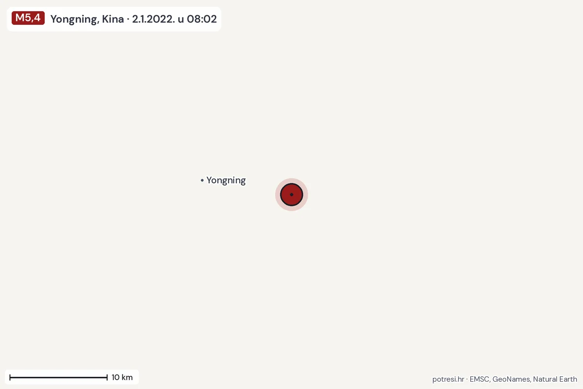 Karta: okolica epicentra, 60 km, potres M5,4, Yongning, Kina, 2.1.2022.