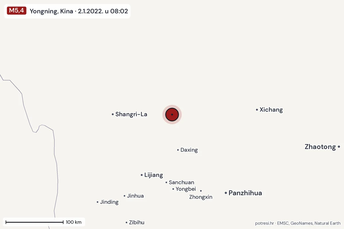 Karta: šire područje, 600 km, potres M5,4, Yongning, Kina, 2.1.2022.