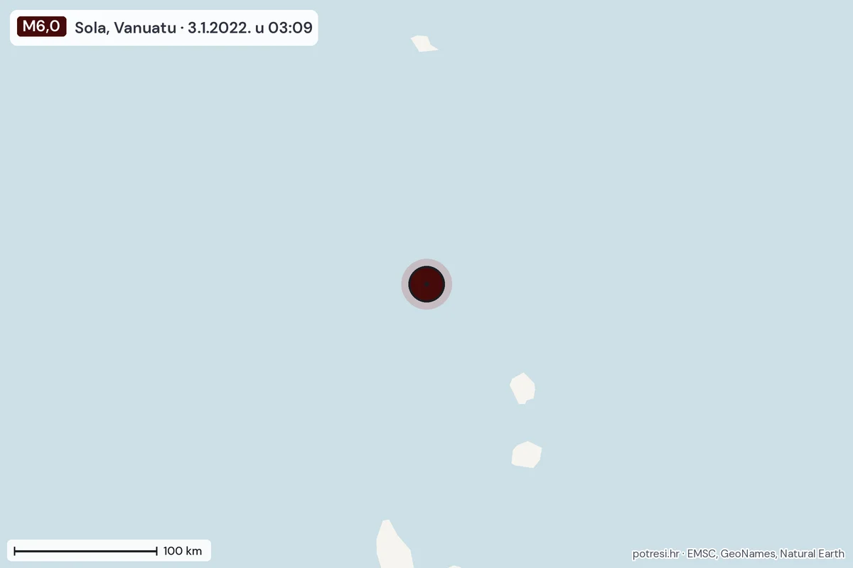 Karta: šire područje, 600 km, potres M6,0, Sola, Vanuatu, 3.1.2022.