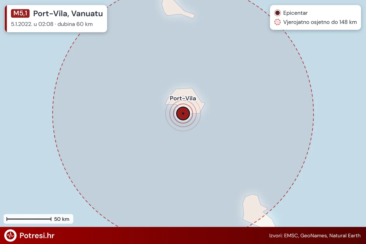 Karta: šire područje i vjerojatni doseg osjeta, potres M5,1, Port-Vila, Vanuatu, 5.1.2022.