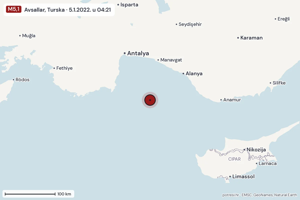 Karta: šire područje, 600 km, potres M5,1, Avsallar, Turska, 5.1.2022.