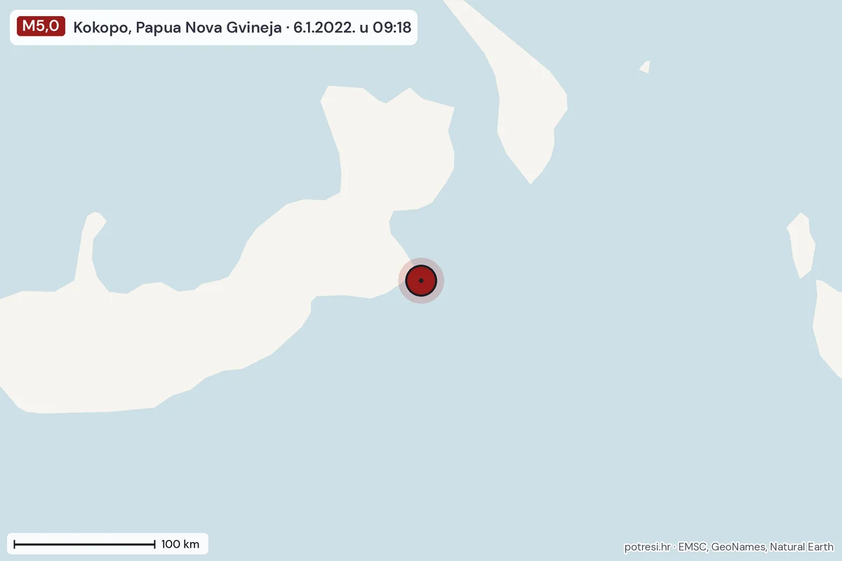 Karta: šire područje, 600 km, potres M5,0, Kokopo, Papua Nova Gvineja, 6.1.2022.
