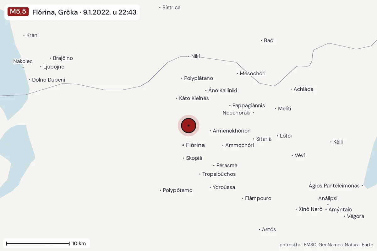 Karta: okolica epicentra, 60 km, potres M5,5, Flórina, Grčka, 9.1.2022.