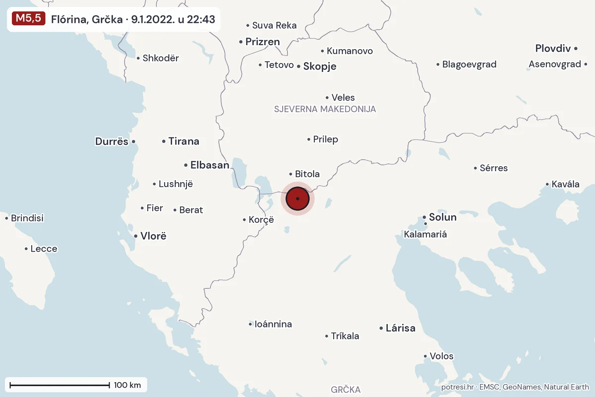 Karta: šire područje, 600 km, potres M5,5, Flórina, Grčka, 9.1.2022.