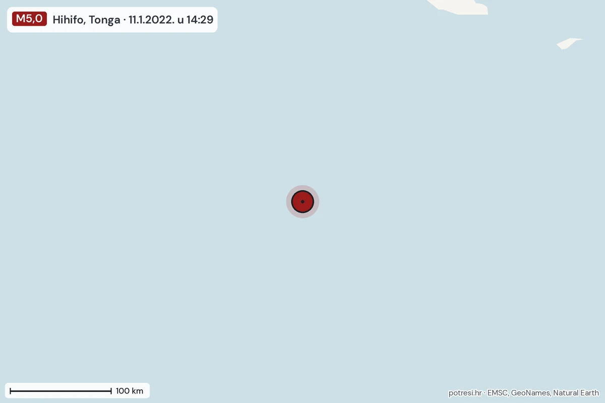 Karta: šire područje, 600 km, potres M5,0, Hihifo, Tonga, 11.1.2022.