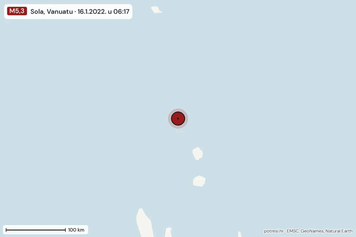 Karta: šire područje, 600 km, potres M5,3, Sola, Vanuatu, 16.1.2022.