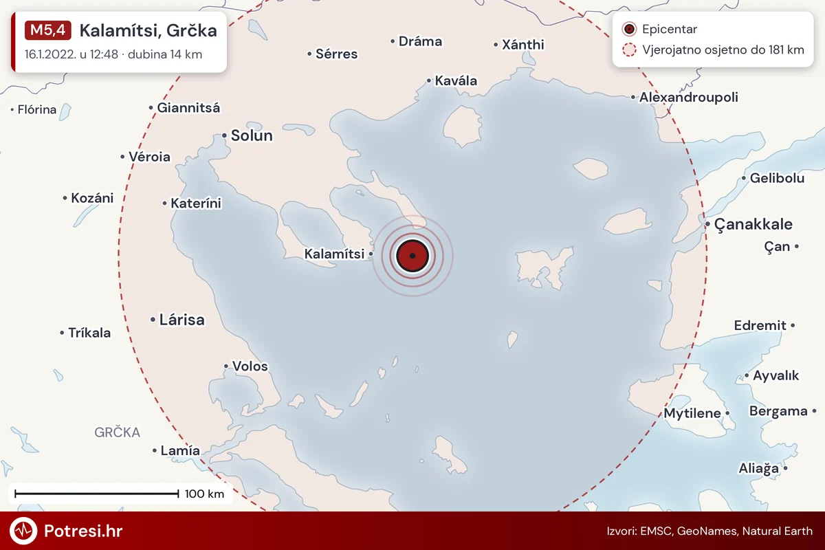 Karta: šire područje i vjerojatni doseg osjeta, potres M5,4, Kalamítsi, Grčka, 16.1.2022.