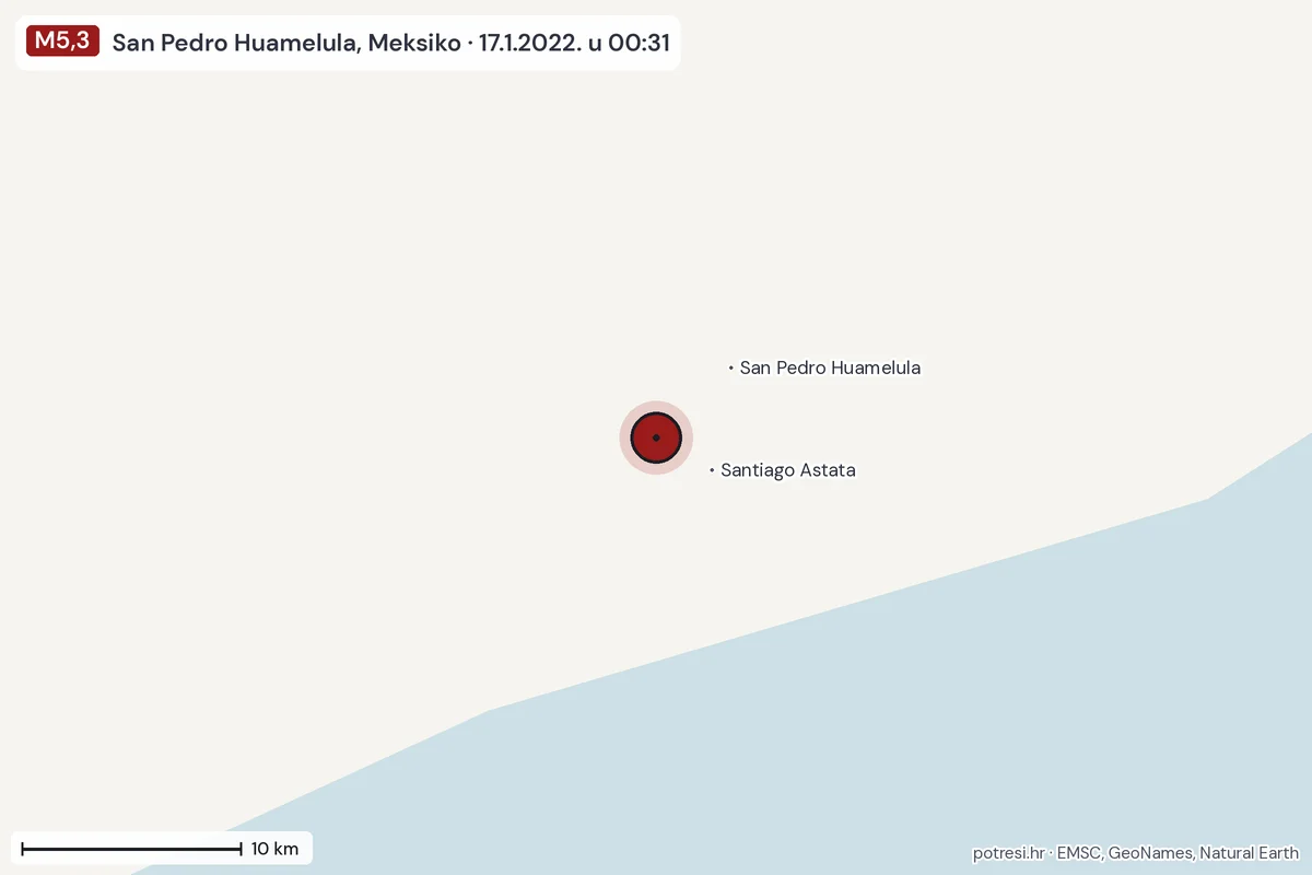 Karta: okolica epicentra, 60 km, potres M5,3, San Pedro Huamelula, Meksiko, 17.1.2022.