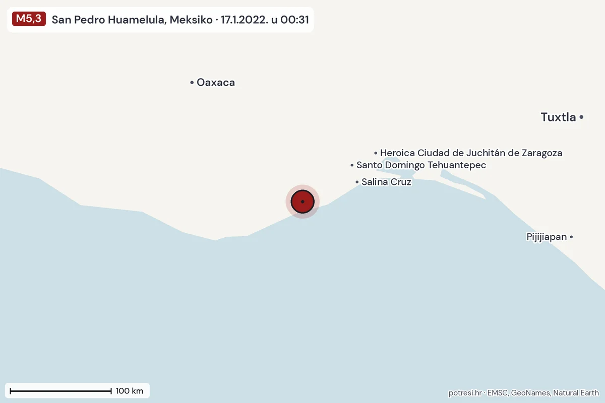 Karta: šire područje, 600 km, potres M5,3, San Pedro Huamelula, Meksiko, 17.1.2022.