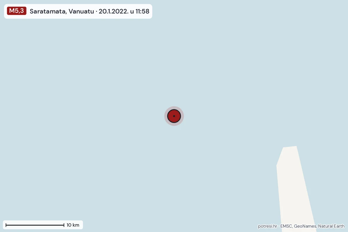 Karta: okolica epicentra, 60 km, potres M5,3, Saratamata, Vanuatu, 20.1.2022.