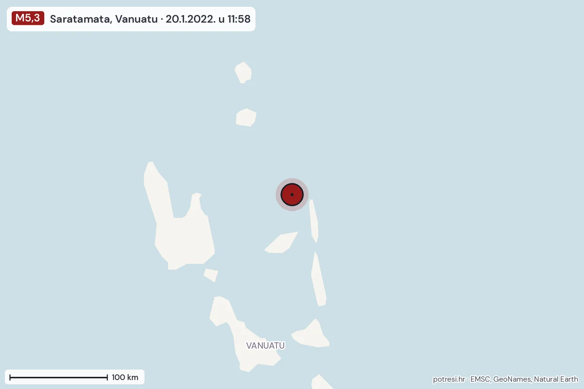 Karta: šire područje, 600 km, potres M5,3, Saratamata, Vanuatu, 20.1.2022.