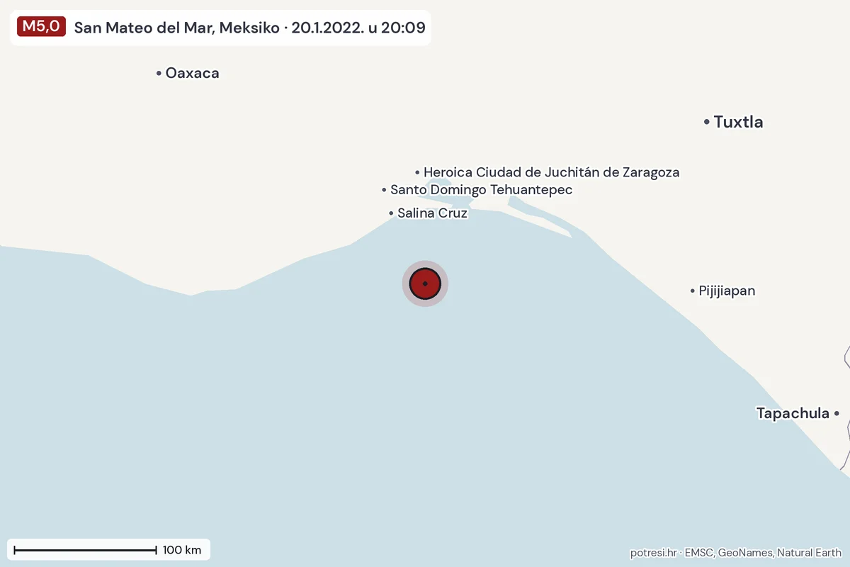 Karta: šire područje, 600 km, potres M5,0, San Mateo del Mar, Meksiko, 20.1.2022.