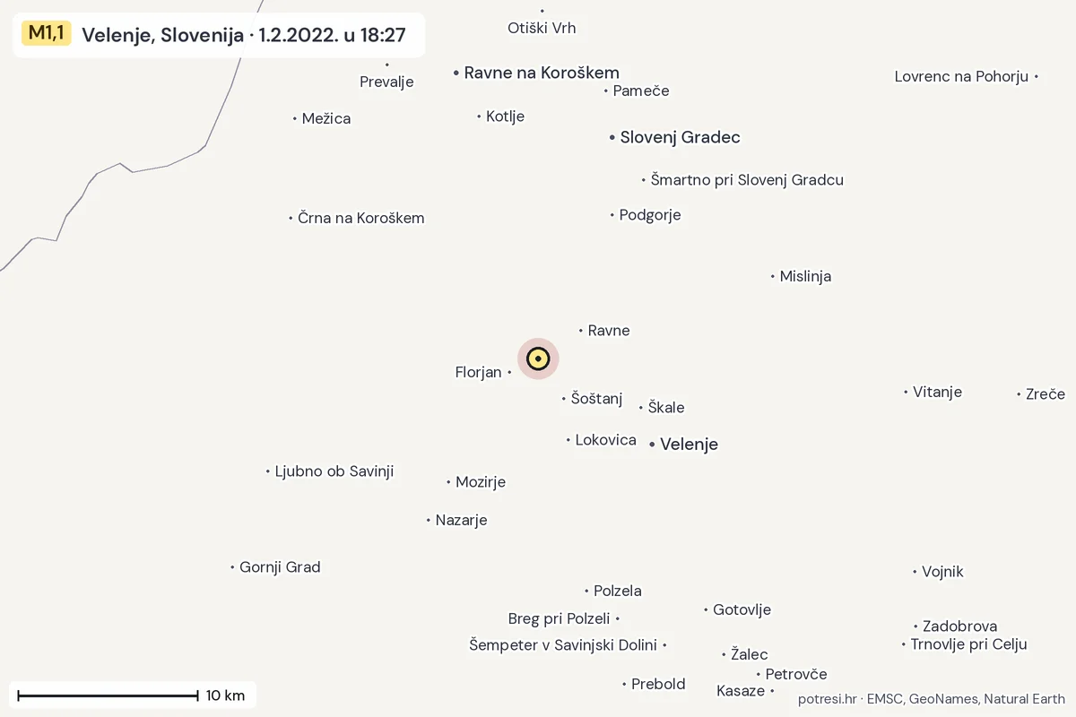 Karta: okolica epicentra, 60 km, potres M1,1, Velenje, Slovenija, 1.2.2022.