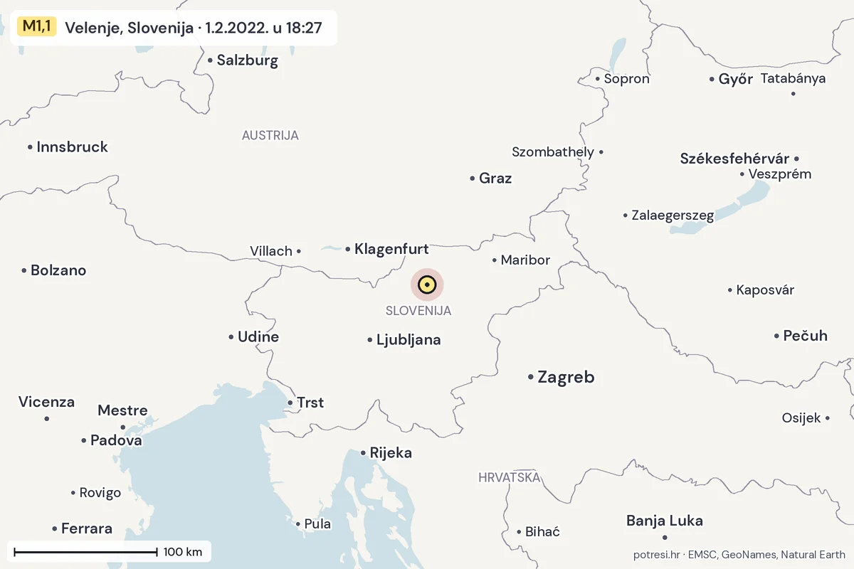 Karta: šire područje, 600 km, potres M1,1, Velenje, Slovenija, 1.2.2022.