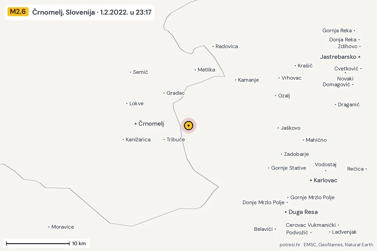 Karta: okolica epicentra, 60 km, potres M2,6, Črnomelj, Slovenija, 1.2.2022.