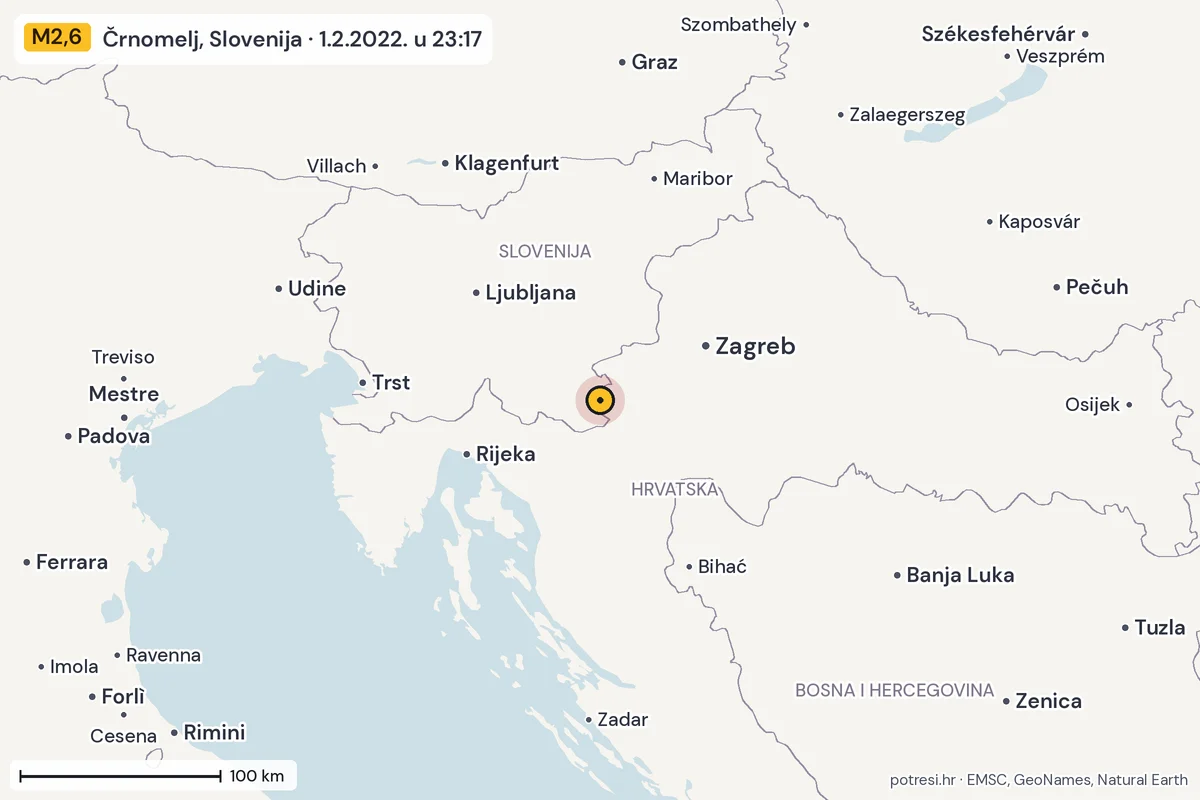 Karta: šire područje, 600 km, potres M2,6, Črnomelj, Slovenija, 1.2.2022.