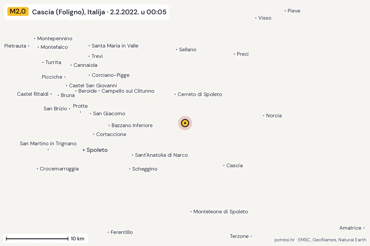 Karta: okolica epicentra, 60 km, potres M2,0, Cascia (Foligno), Italija, 2.2.2022.