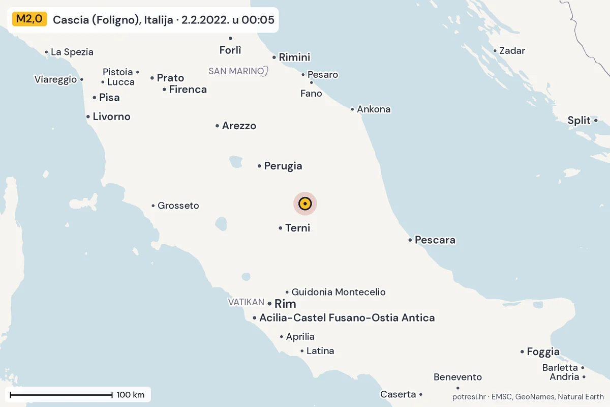 Karta: šire područje, 600 km, potres M2,0, Cascia (Foligno), Italija, 2.2.2022.