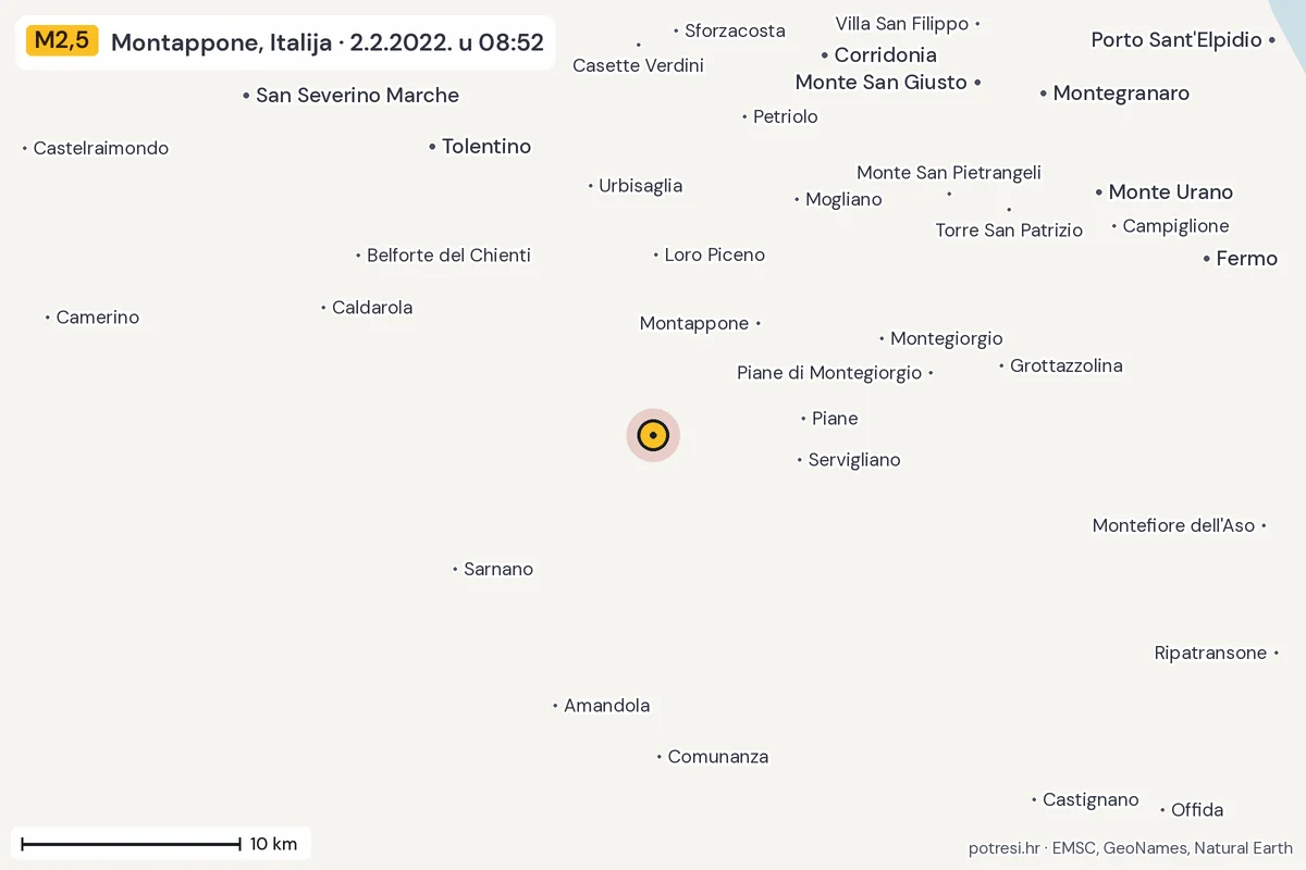 Karta: okolica epicentra, 60 km, potres M2,5, Montappone, Italija, 2.2.2022.