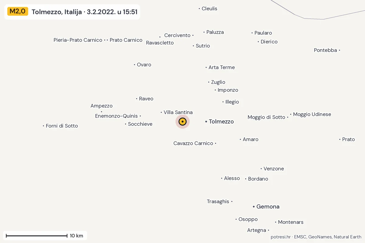 Karta: okolica epicentra, 60 km, potres M2,0, Tolmezzo, Italija, 3.2.2022.