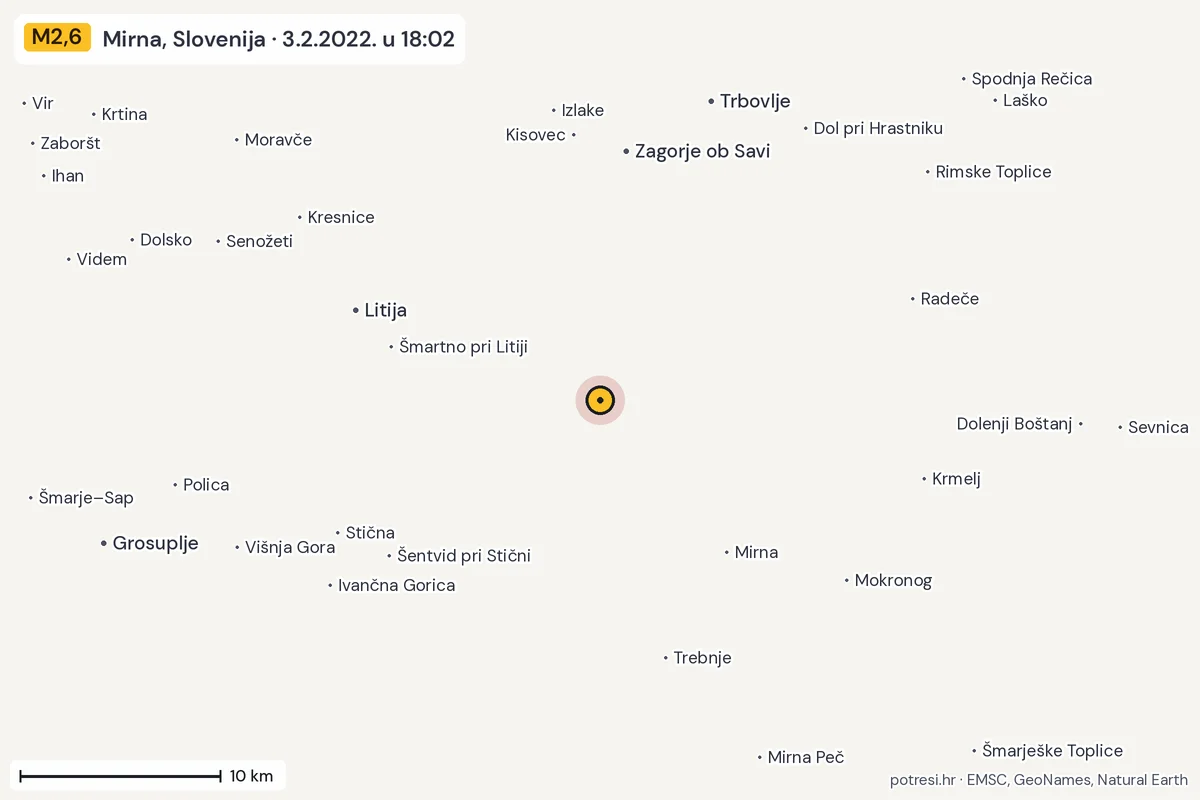 Karta: okolica epicentra, 60 km, potres M2,6, Mirna, Slovenija, 3.2.2022.