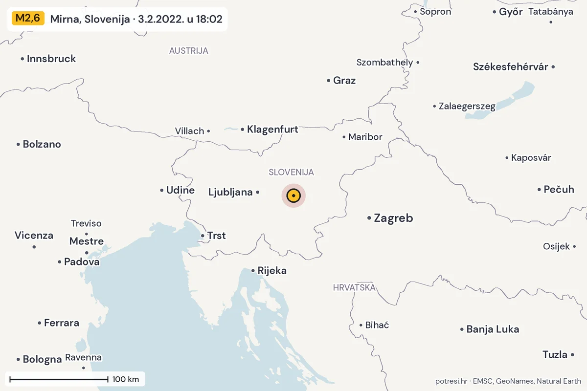 Karta: šire područje, 600 km, potres M2,6, Mirna, Slovenija, 3.2.2022.