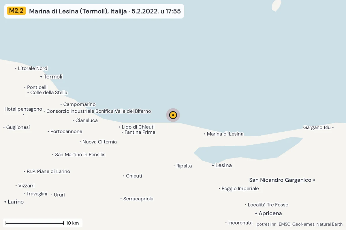 Karta: okolica epicentra, 60 km, potres M2,2, Marina di Lesina (Termoli), Italija, 5.2.2022.