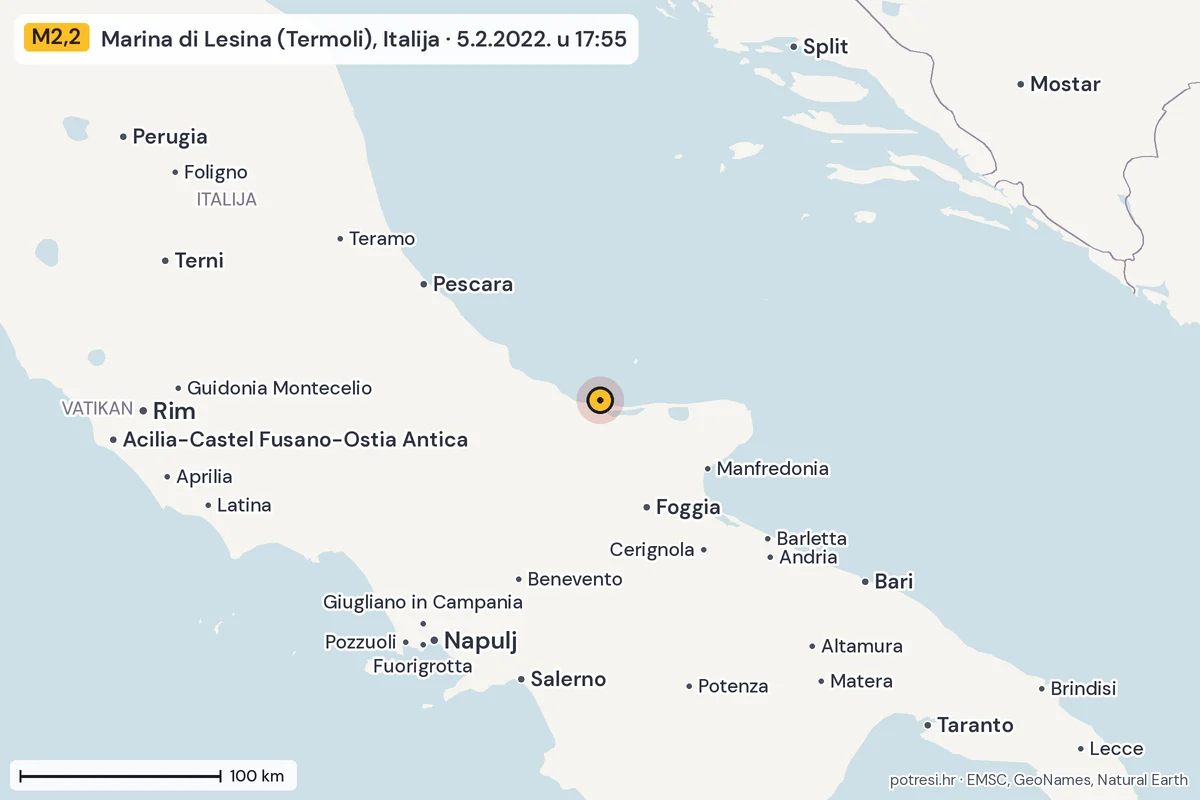 Karta: šire područje, 600 km, potres M2,2, Marina di Lesina (Termoli), Italija, 5.2.2022.