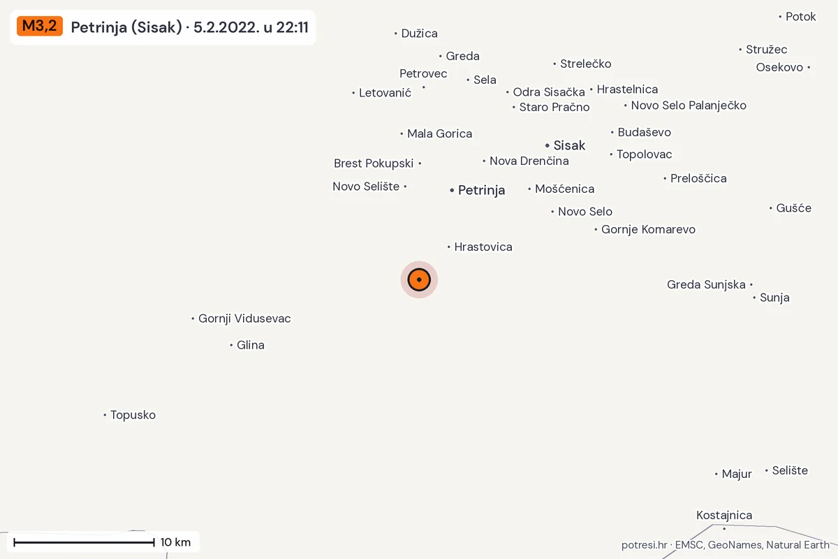 Karta: okolica epicentra, 60 km, potres M3,2, Petrinja (Sisak), 5.2.2022.