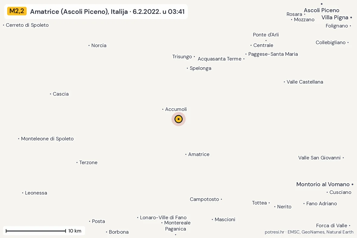 Karta: okolica epicentra, 60 km, potres M2,2, Amatrice (Ascoli Piceno), Italija, 6.2.2022.