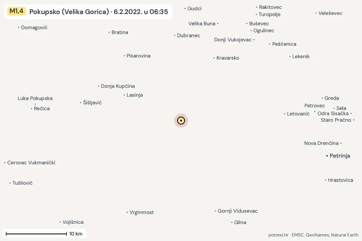 Karta: okolica epicentra, 60 km, potres M1,4, Pokupsko (Velika Gorica), 6.2.2022.