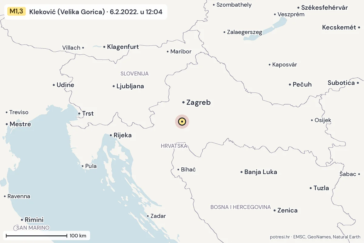Karta: šire područje, 600 km, potres M1,3, Kleković (Velika Gorica), 6.2.2022.