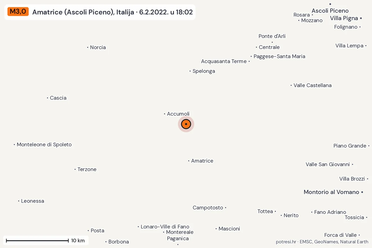 Karta: okolica epicentra, 60 km, potres M3,0, Amatrice (Ascoli Piceno), Italija, 6.2.2022.