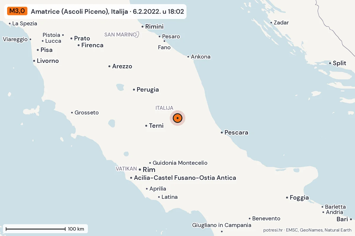 Karta: šire područje, 600 km, potres M3,0, Amatrice (Ascoli Piceno), Italija, 6.2.2022.