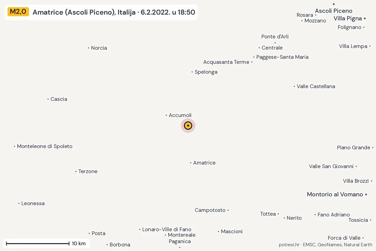 Karta: okolica epicentra, 60 km, potres M2,0, Amatrice (Ascoli Piceno), Italija, 6.2.2022.