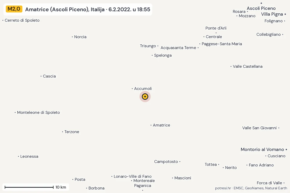 Karta: okolica epicentra, 60 km, potres M2,0, Amatrice (Ascoli Piceno), Italija, 6.2.2022.