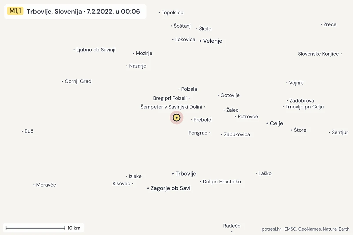Karta: okolica epicentra, 60 km, potres M1,1, Trbovlje, Slovenija, 7.2.2022.
