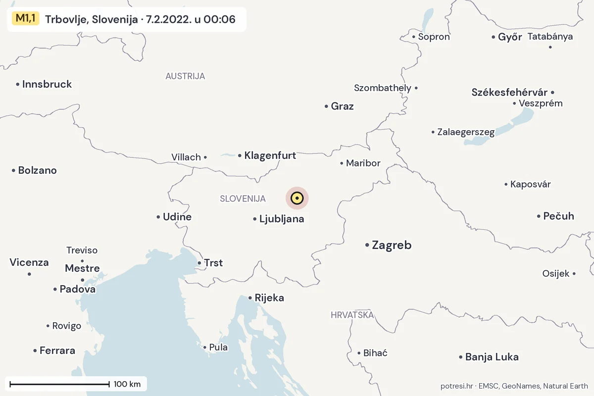 Karta: šire područje, 600 km, potres M1,1, Trbovlje, Slovenija, 7.2.2022.