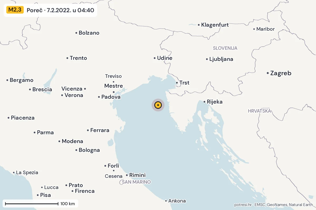 Karta: šire područje, 600 km, potres M2,3, Poreč, 7.2.2022.