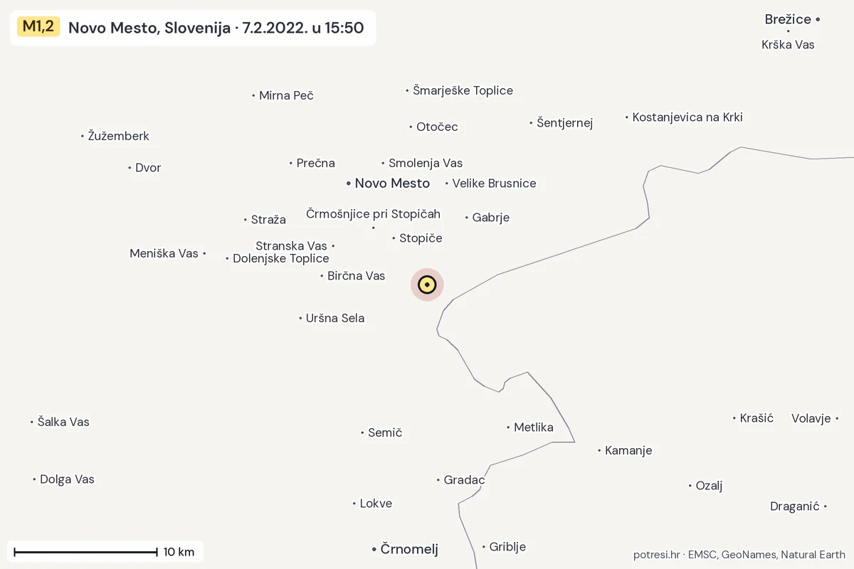 Karta: okolica epicentra, 60 km, potres M1,2, Novo Mesto, Slovenija, 7.2.2022.