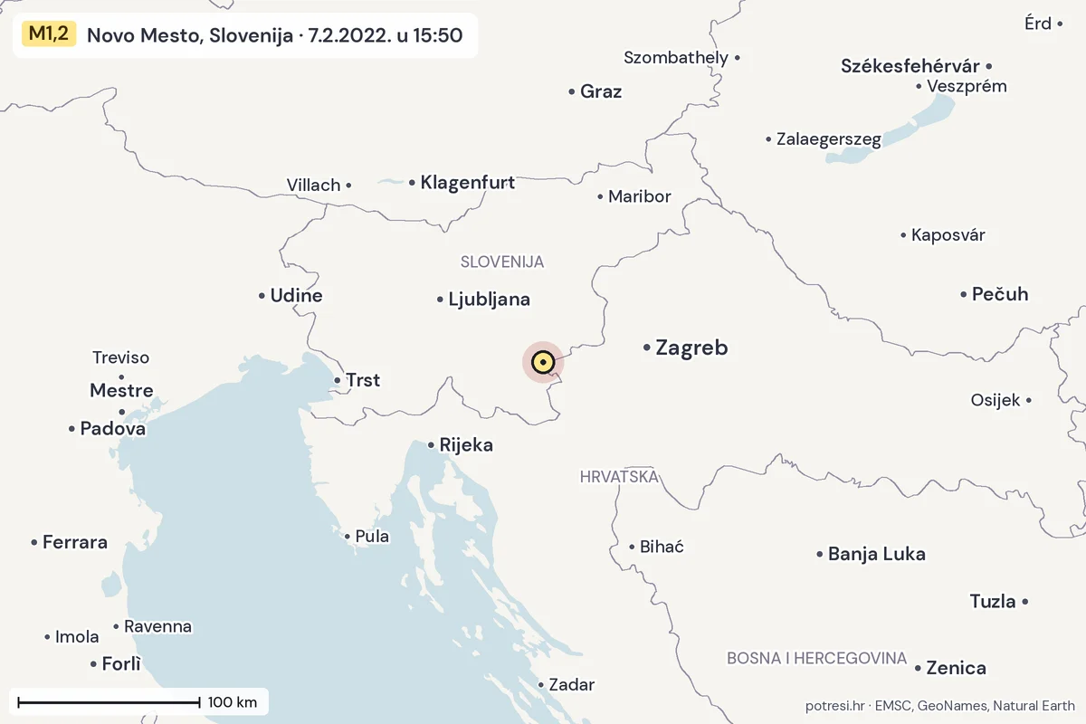 Karta: šire područje, 600 km, potres M1,2, Novo Mesto, Slovenija, 7.2.2022.