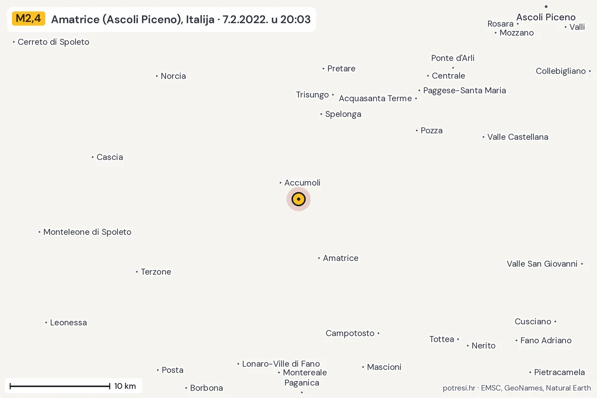 Karta: okolica epicentra, 60 km, potres M2,4, Amatrice (Ascoli Piceno), Italija, 7.2.2022.