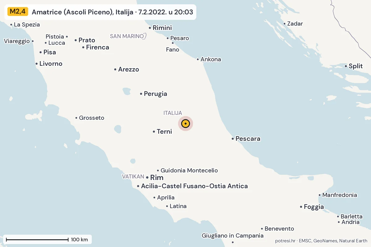 Karta: šire područje, 600 km, potres M2,4, Amatrice (Ascoli Piceno), Italija, 7.2.2022.