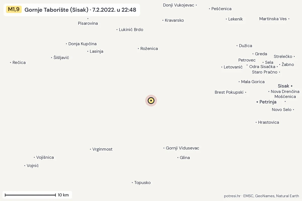 Karta: okolica epicentra, 60 km, potres M1,9, Gornje Taborište (Sisak), 7.2.2022.