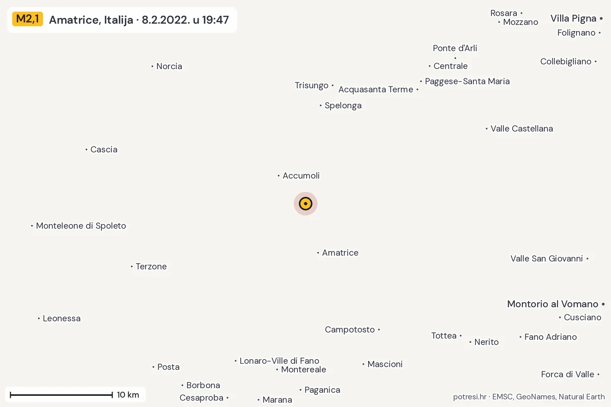 Karta: okolica epicentra, 60 km, potres M2,1, Amatrice, Italija, 8.2.2022.