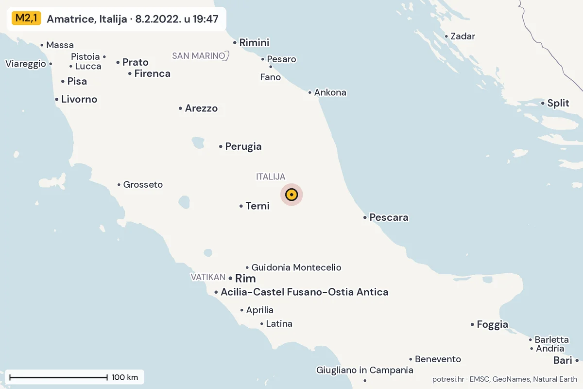 Karta: šire područje, 600 km, potres M2,1, Amatrice, Italija, 8.2.2022.